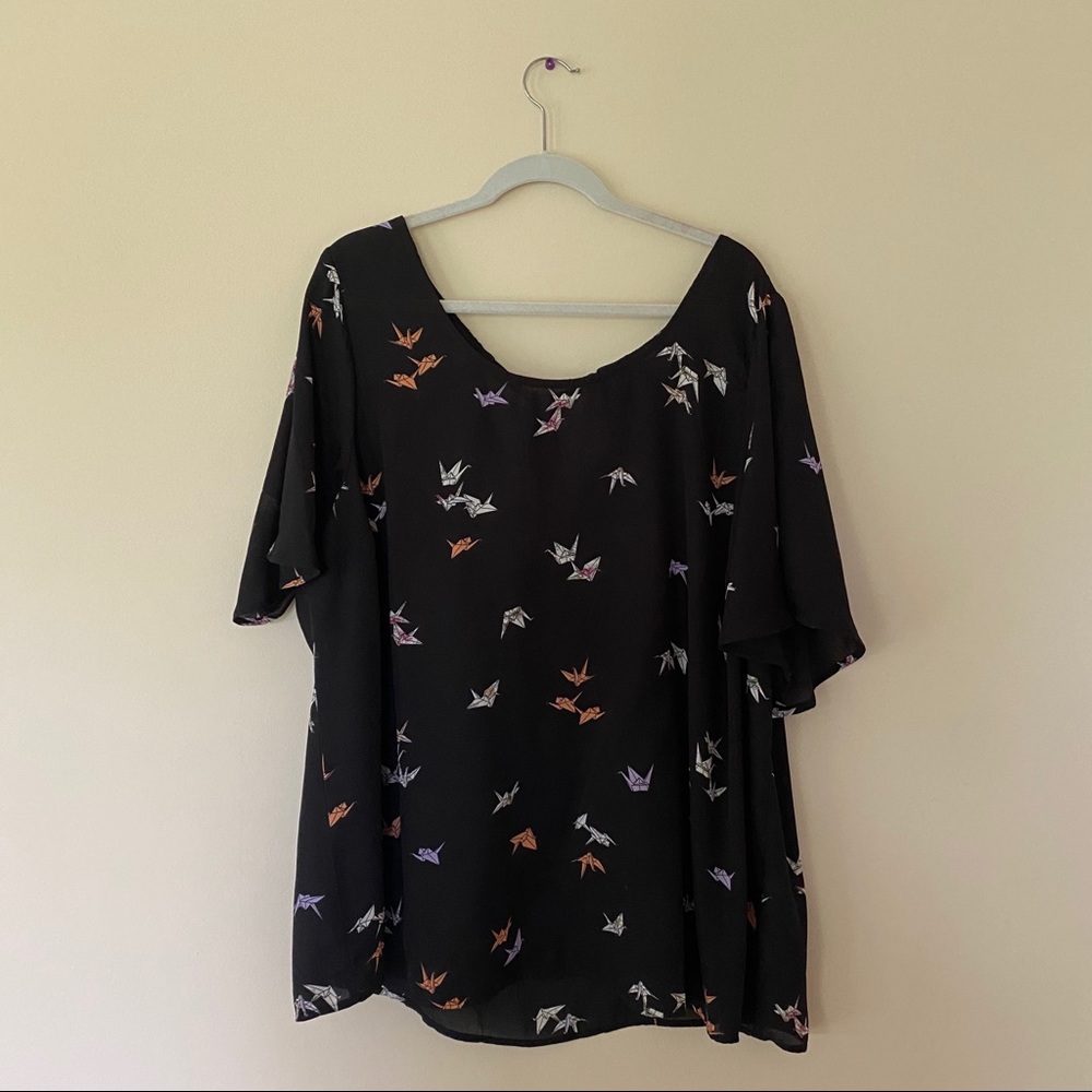 Torrid Black Crane Georgette Bow Back Blouse 3X